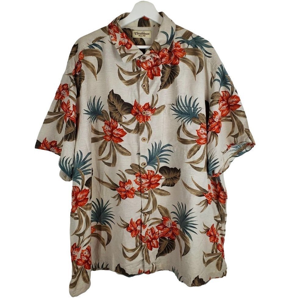 Caribbean 3XB Floral Tropical Button‎ up Shirt 100% Silk Tan